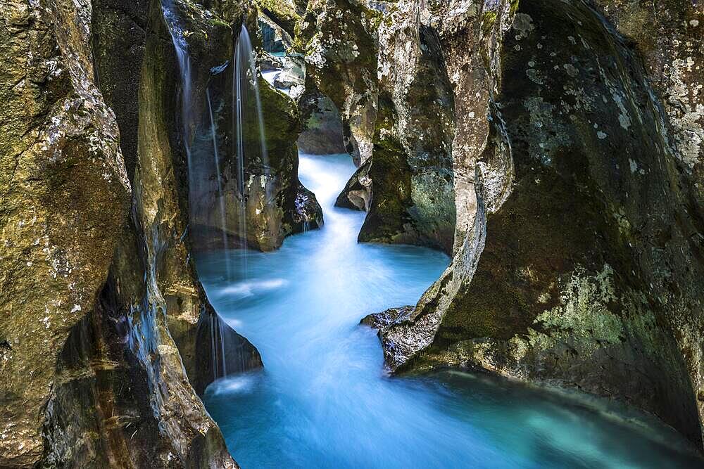 Mountain river Soca flows through narrow canyon, Soca Valley, Triglav National Park, Bovec, Slovenia, Europe