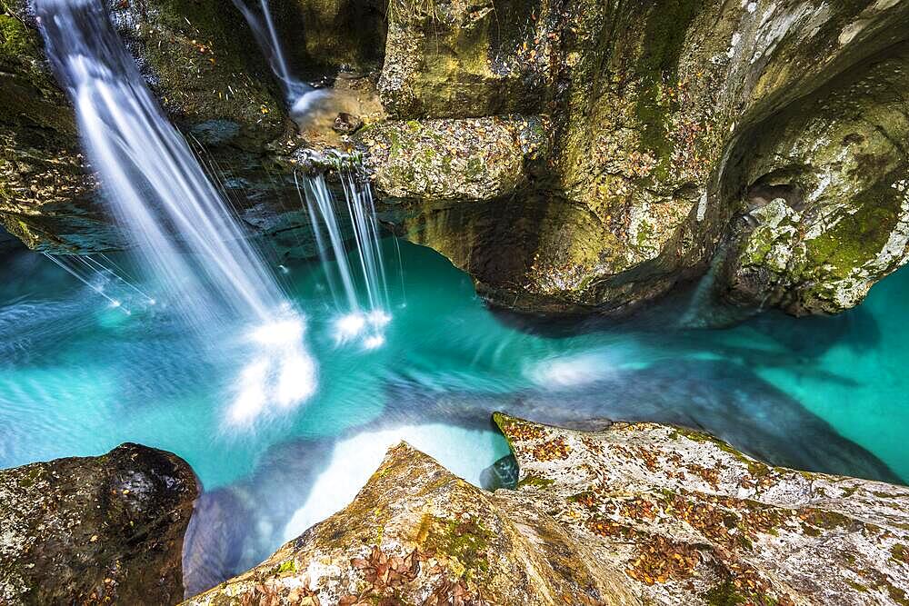 Mountain river Soca flows through narrow canyon, Soca Valley, Triglav National Park, Bovec, Slovenia, Europe