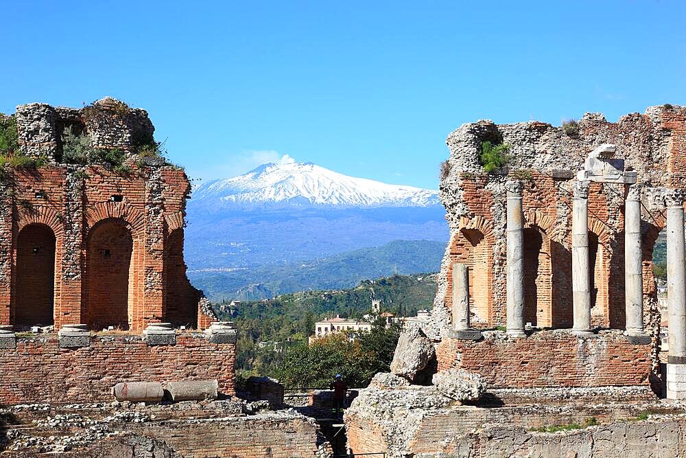 Taormina, the ancient theatre overlooking Mount Etna, Etna, Sicily, Italy, Europe