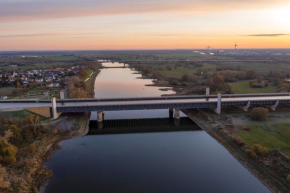 Sunset at the Magdeburg waterway junction, Mittelland Canal leads in trough bridge over Elbe, longest canal bridge in Europe, Hohenwarthe, Saxony-Anhalt, Germany, Europe