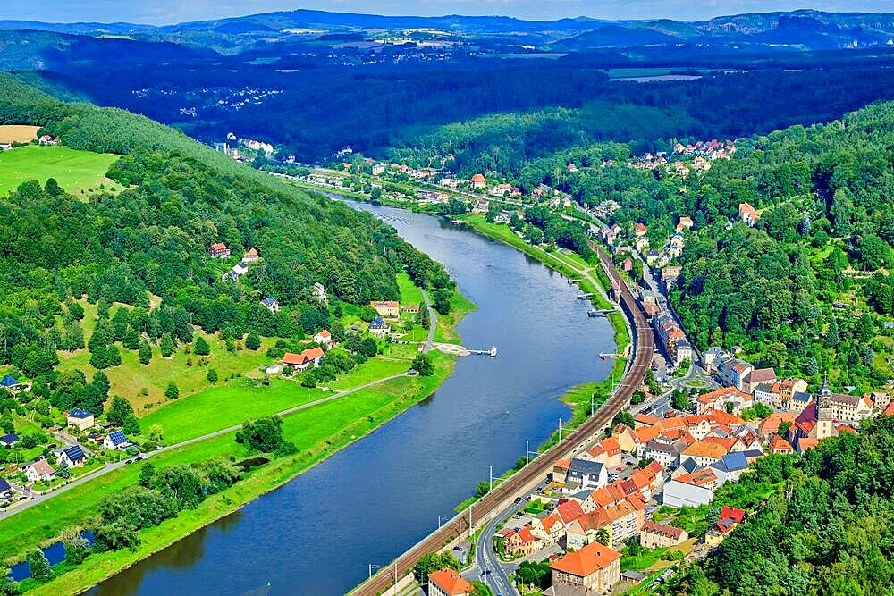 Aerial view of the Elbe Sandstone Mountains or Saxon Switzerland and the town of Koenigstein, Saxony, Germany, Europe