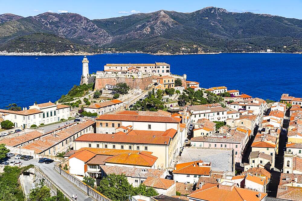 View from Forte Falcone to Portoferraio with the Fortezze Medici and Forte Stella, Elba, Tuscan Archipelago, Tuscany, Italy, Europe