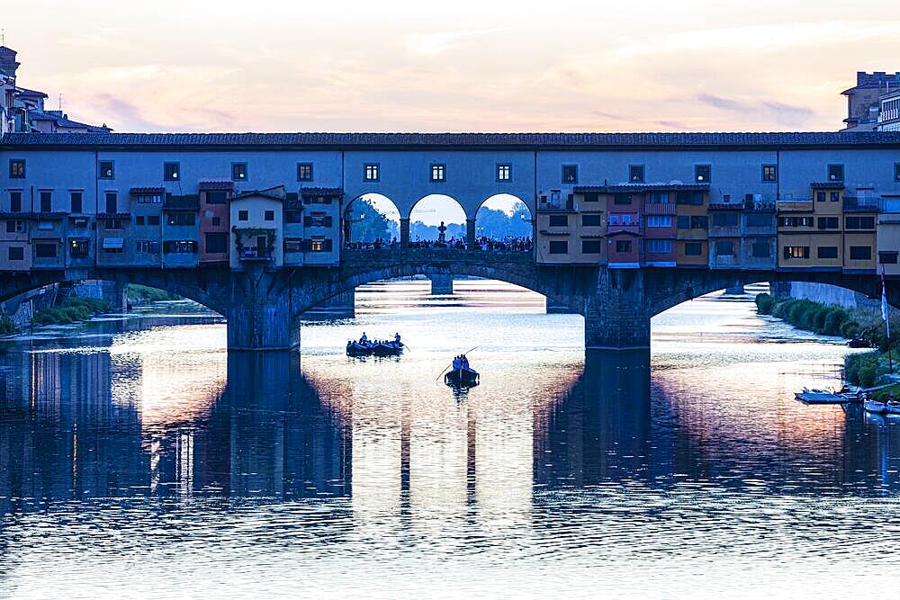 The Ponte Vecchio bridge over the river Arno, at blue hour, Florence, Tuscany, Italy, Europe