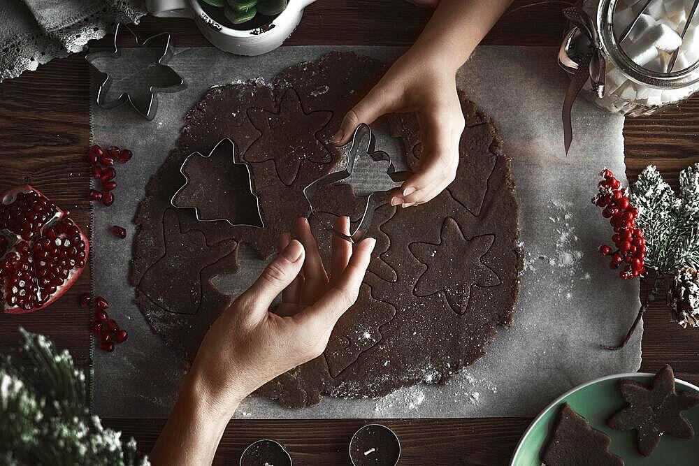 Preparing Christmas cookies. Dough on the table with baking dishes