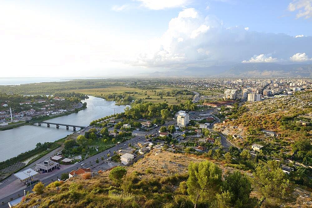 View of the town, the river Buna and Lake Scutari, Shkodra, Shkoder, Albania, Europe