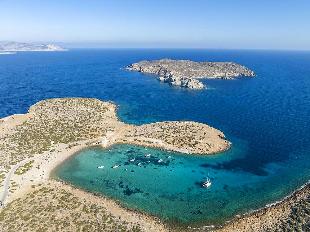 Aerial view, sailboats in a bay, Astypalea, Aegean Sea, Greece, Europe