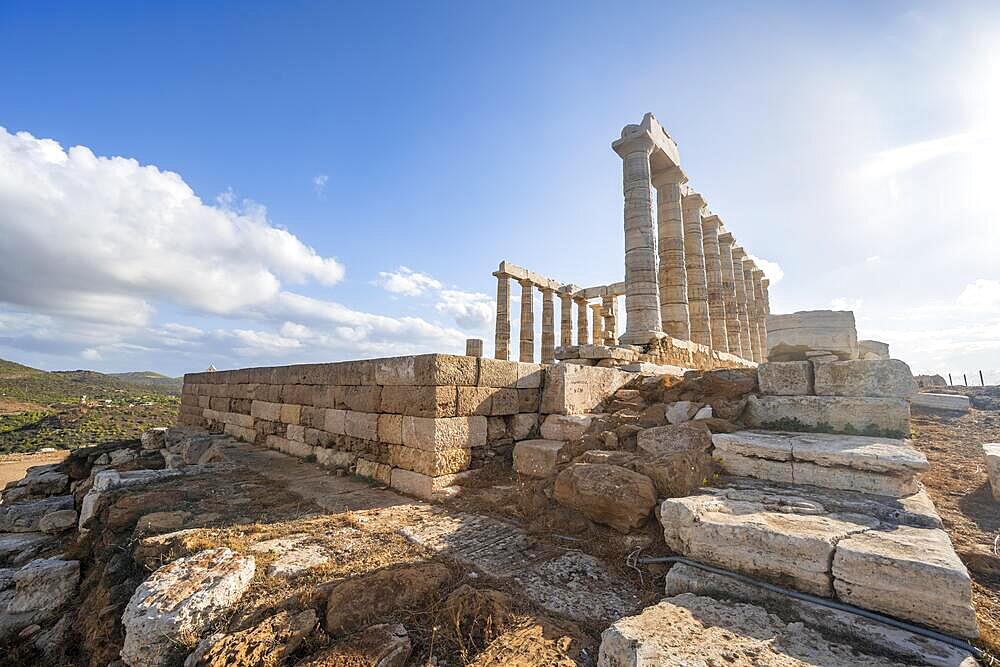 Ruin and columns of the ancient Temple of Poseidon, Cape Sounion, Attica, Greece, Europe