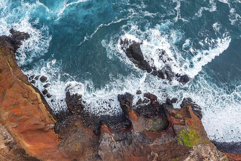 Aerial view, coastal landscape, cliffs and sea, Miradouro da Ponta do Rosto, rugged coastline with rock formations, Cape Ponta de Sao Lourenco, Madeira, Portugal, Europe