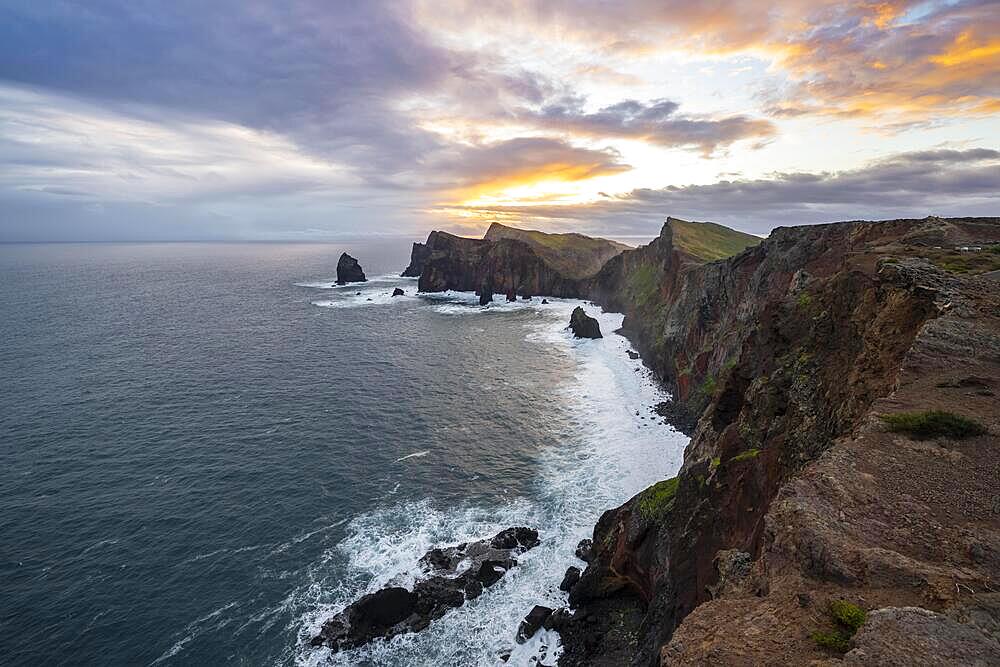 Morning atmosphere, coastal landscape, cliffs and sea, Miradouro da Ponta do Rosto, rugged coast with rock formations, Cape Ponta de Sao Lourenco, Madeira, Portugal, Europe