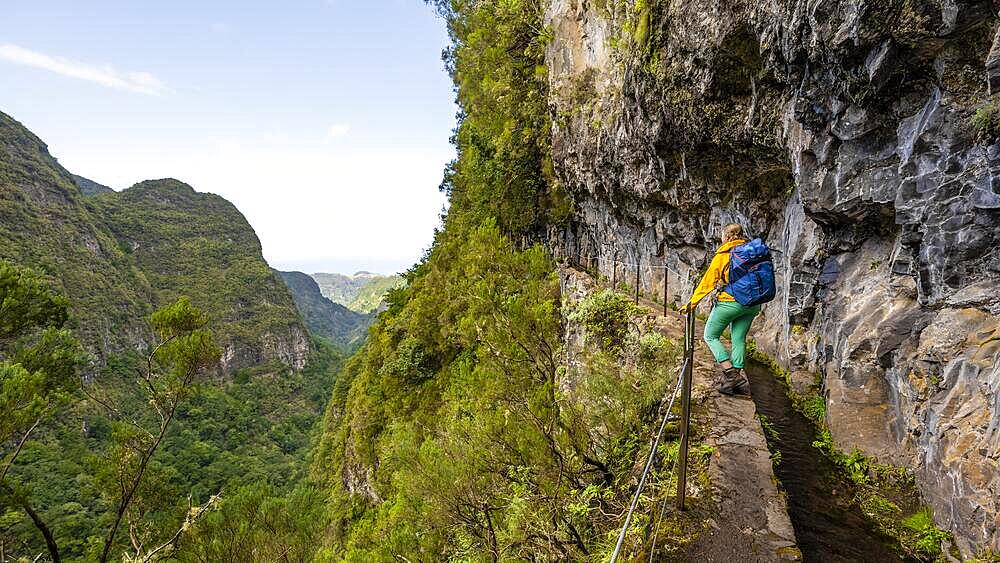 Hiker on a Levada, PR9 Levada do Caldeirao Verde, Madeira, Portugal, Europe