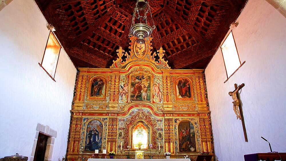 Iglesia de Nuestra Senora de la Pena, church, interior, altar, wooden ceiling, super wide angle, Vega Rio Las Palmas, island interior, Fuerteventura, Canary Islands, Spain, Europe