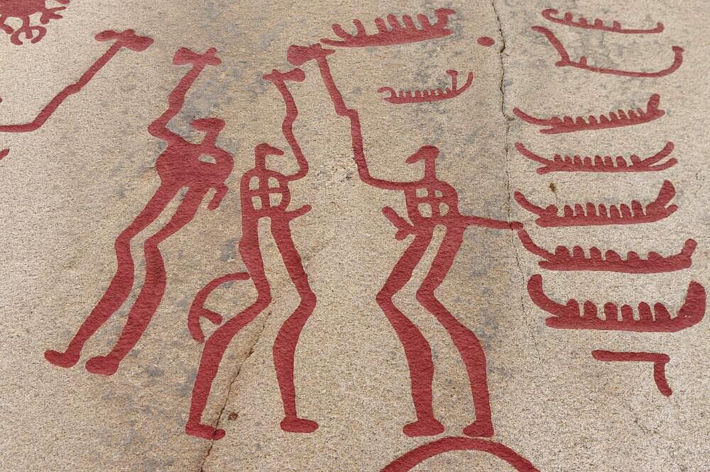 Rock carvings with figures, warriors, Bronze Age, Unesco World Heritage Site, Tanum, Bohuslaen, Sweden, Europe