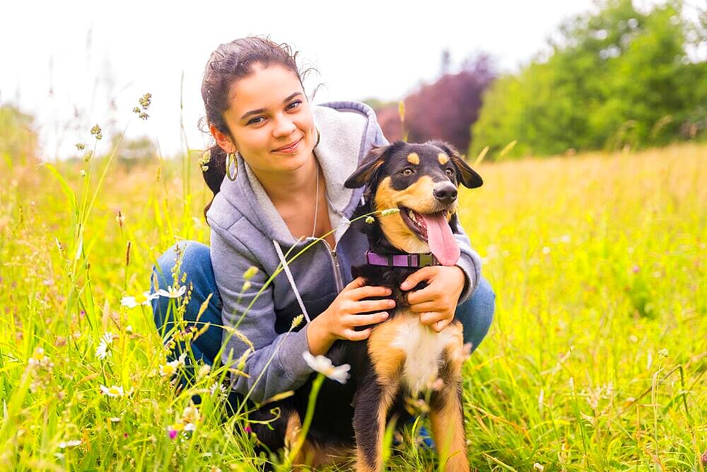 Portrait of a young girl with a cute dog sitting on a sunny spring day in a flower meadow