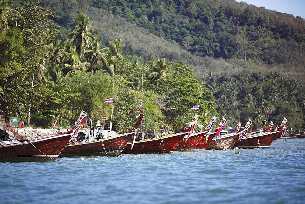 Longtail boats on the island shore, Koh Libong, Andaman Sea, Trang Province, Southern Thailand, Thailand, Asia