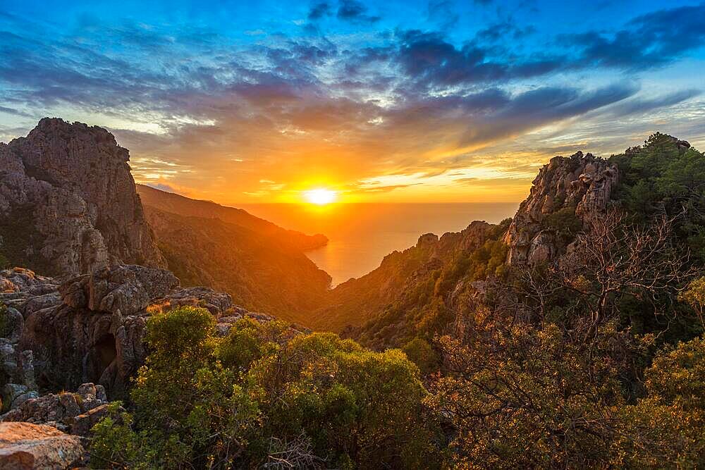 Red granite rocks, Tafoni, Calanches de Piana, sunset, Porto Bay, Porto, UNESCO World Heritage Site, Haute-Corse department, west coast, Corsica, Mediterranean Sea, France, Europe