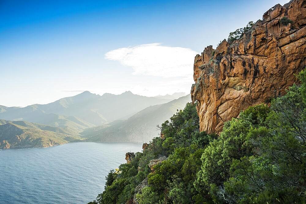 Red granite rocks, Tafoni, Calanches de Piana, Porto Bay, Porto, UNESCO World Heritage Site, Haute-Corse Department, West Coast, Corsica, Mediterranean Sea, France, Europe