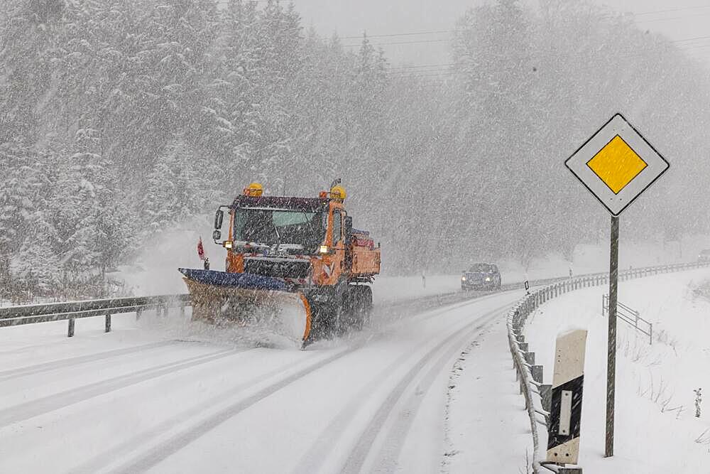 Country road with snow, snow plough, Swabian Alb, Amstetten, Swabian Alb, Baden-Wuerttemberg, Germany, Europe