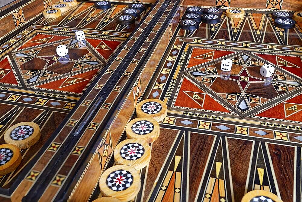 Wooden chess backgammon game, oriental design, handicraft from Damascus, game situation