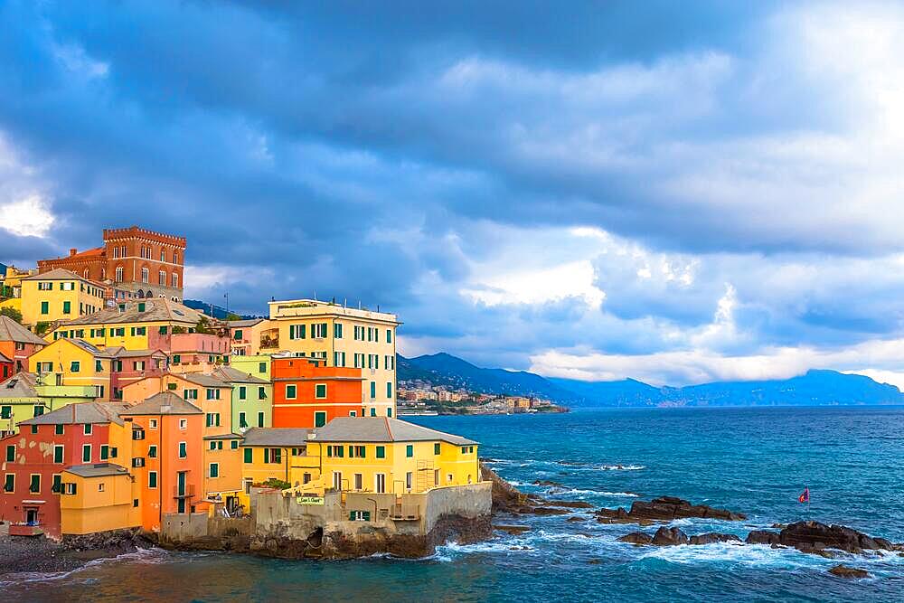 GENOA, ITALY - CIRCA AUGUST 2020: Boccadasse marina panorama, village on the Mediterranean sea with colourful houses