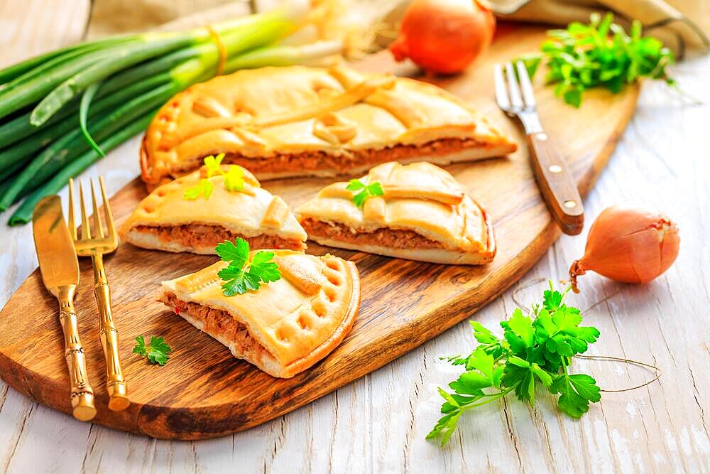 Empanada Gallega - traditional pie stuffed with tuna, Galician and Spanish cuisine. Tart with tuna and vegetables