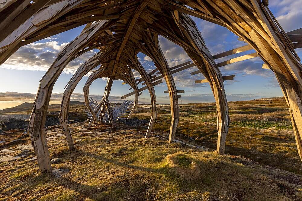 Drakkar Leviathan, monument, sculpture, mixture dragon and Viking ship, erected 2016, Vardoe, Vardo, Varangerfjord, Finnmark, Northern Norway, Norway, Europe