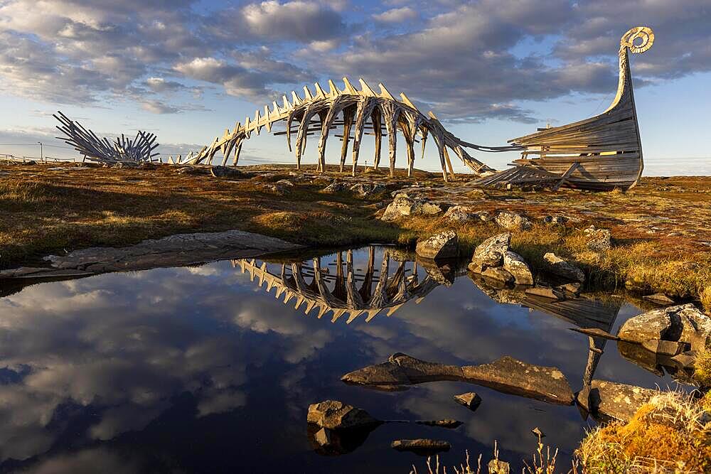 Drakkar Leviathan, monument, sculpture, mixture dragon and Viking ship, erected 2016, Vardoe, Vardo, Varangerfjord, Finnmark, Northern Norway, Norway, Europe