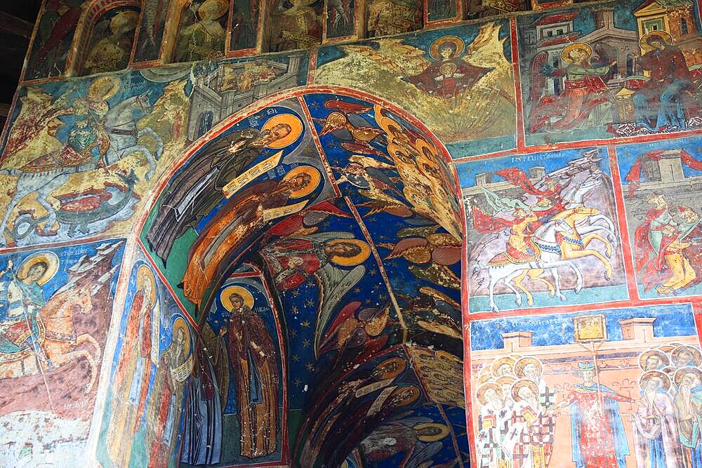 Frescoes on the exterior wall, Humorului, Romania, Unesco World Heritage Site Monastery Church of Adormirea Maicii Domnului at Humor Monastery, a Romanian Orthodox womans monastery and located about 5 km north of the town of Gura Humorului in Romania, Europe