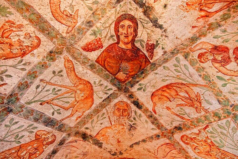 Interior frescoes, Qusair Amra, Qusayr Amra, Small Palace of Amra, Unesco World Heritage Site, desert castle east of Amman, Jordan, Asia