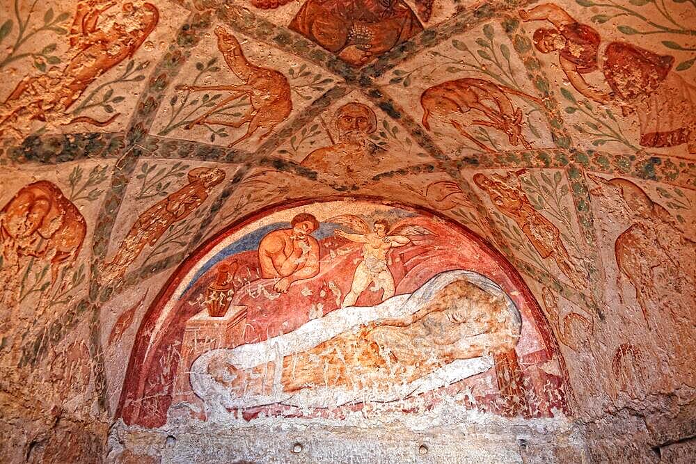 Interior frescoes, Qusair Amra, Qusayr Amra, Small Palace of Amra, Unesco World Heritage Site, desert castle east of Amman, Jordan, Asia