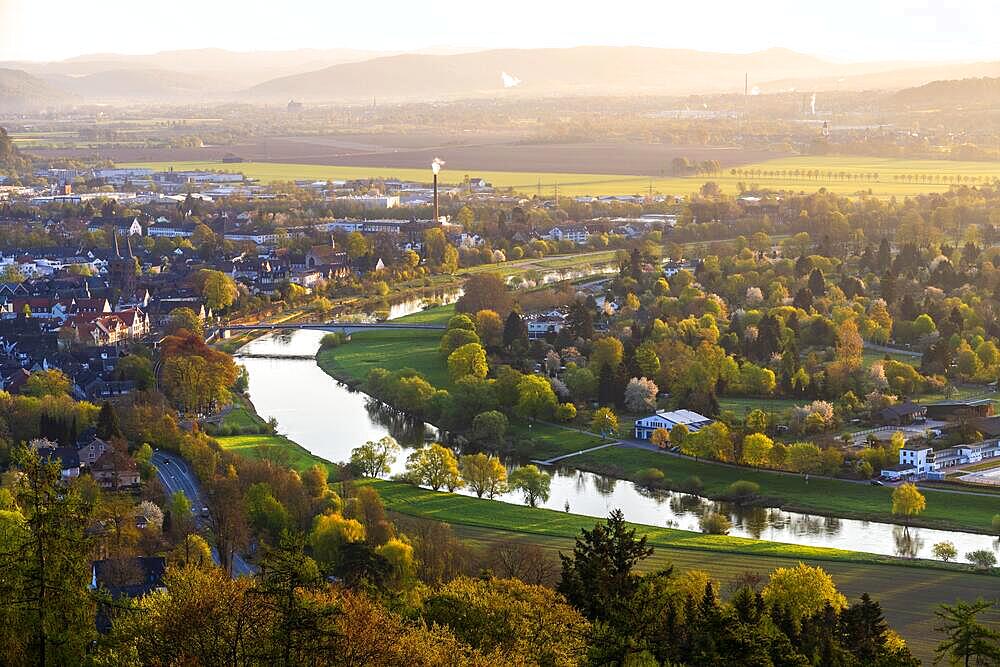 View of the river Weser at sunrise, Hoexter, North Rhine-Westphalia