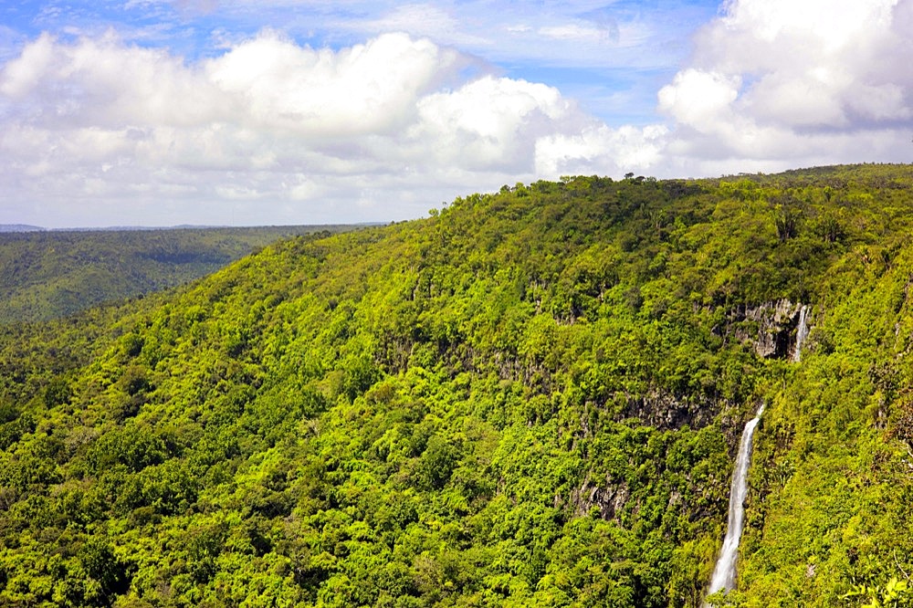 View into the Black River Gorges National Park and on a waterfall, south coast, Mauritius, Africa