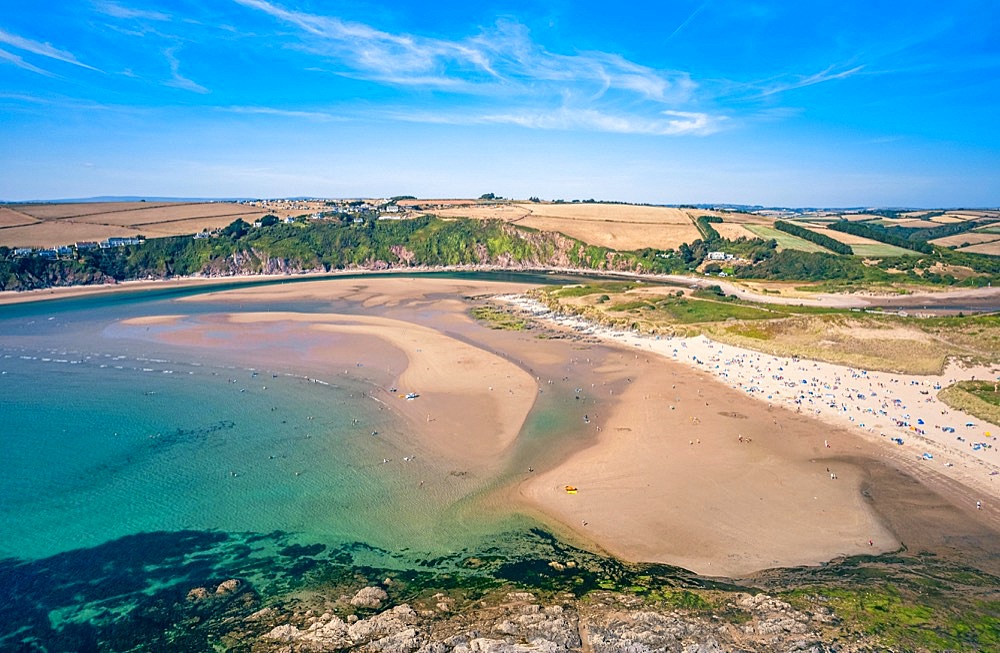 Aerial view of Bantham Beach and River Avon from a drone, South Hams, Devon, England, United Kingdom, Europe