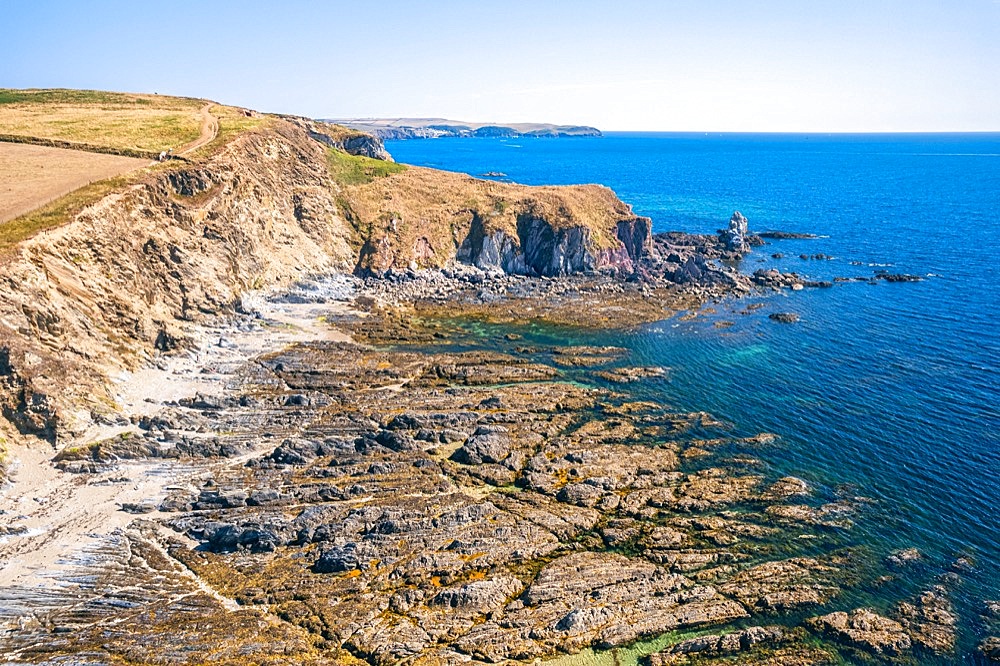 Aerial view of Bantham Beach and River Avon from a drone, South Hams, Devon, England, United Kingdom, Europe