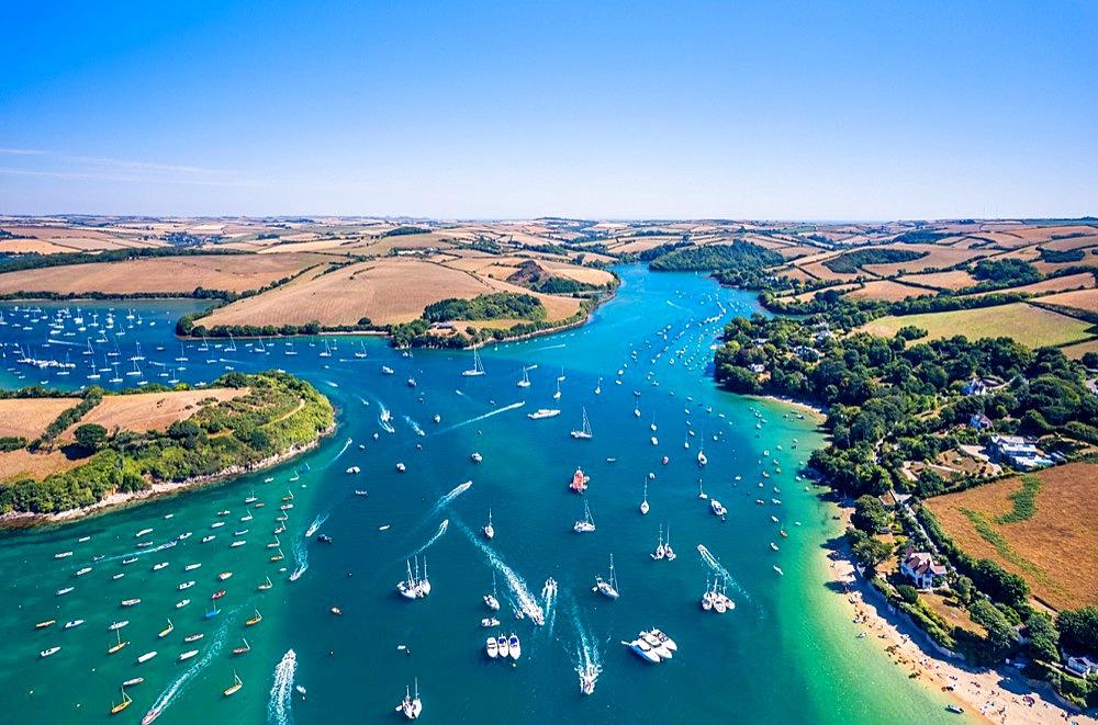 Aerial view of SALCOMBE and Kingsbridge Estuary from a drone, South Hams, Devon, England, United Kingdom, Europe