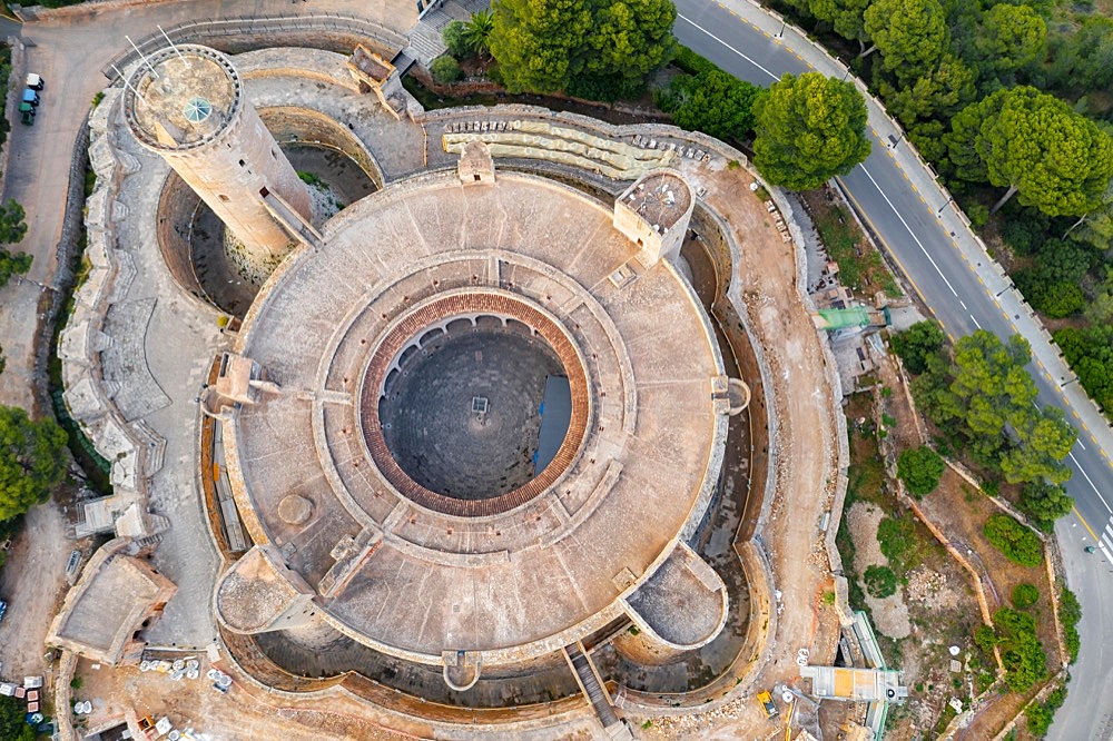 Aerial view, evening mood, round castle Castell de Bellver, Palma de Majorca, Majorca, Spain, Europe