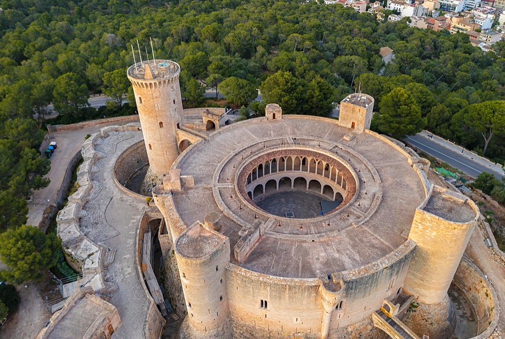 Aerial view, evening mood, round castle Castell de Bellver, Palma de Majorca, Majorca, Spain, Europe