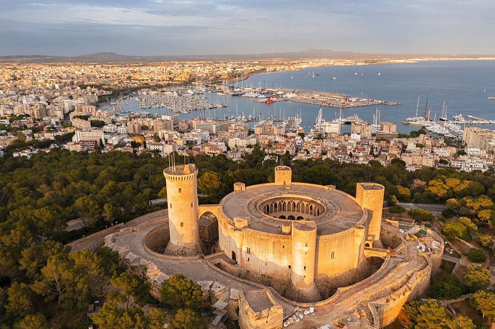 Aerial view, evening mood, round Castell de Bellver castle, view over the city of Palma de Majorca, Majorca, Spain, Europe