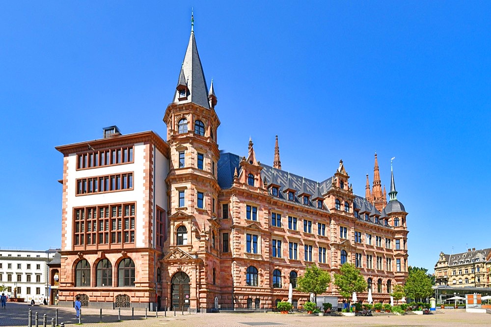 Wiesbaden, Germany, July 2021: Back side of city hall building called New Town Hall at market square, Europe