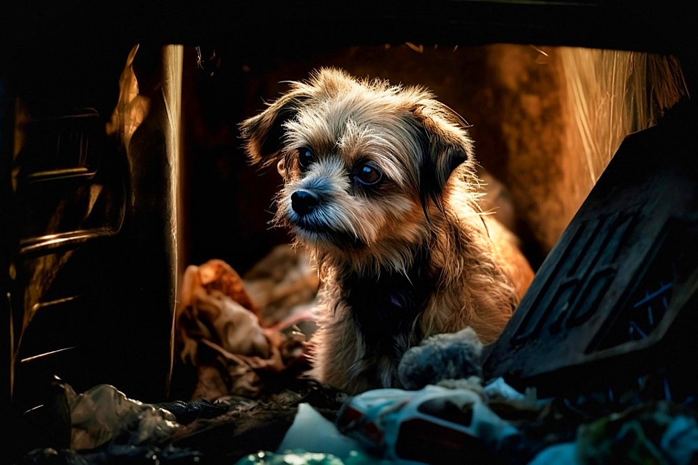 Sad small dog abandoned between trash in dumpster. Generative AI