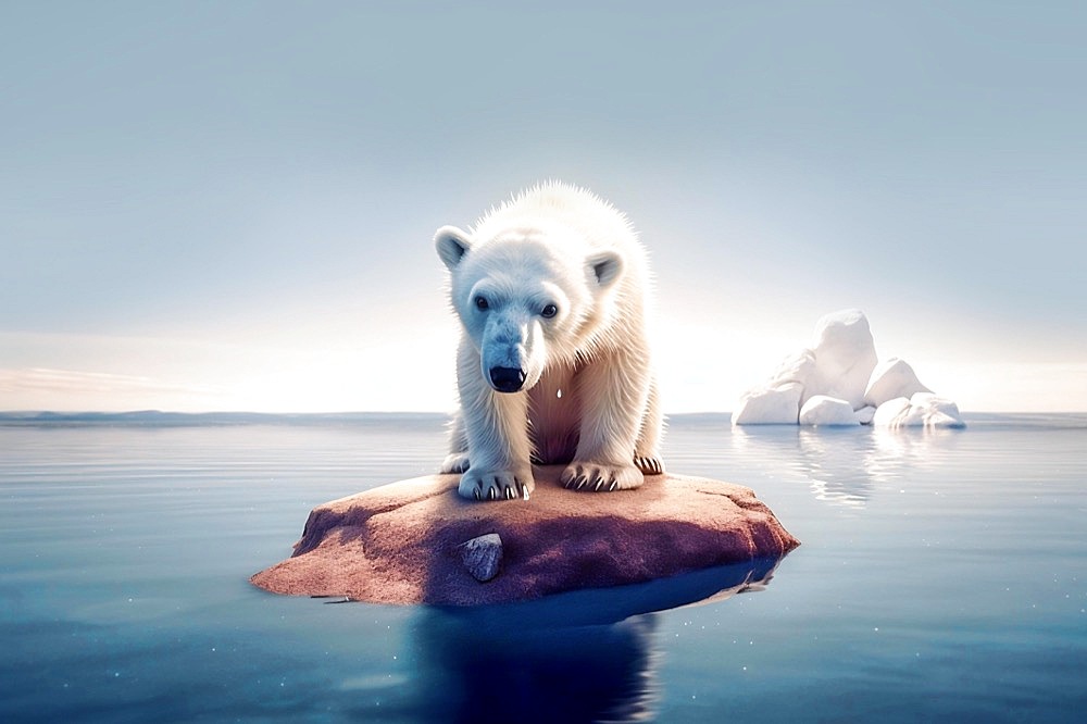 Polar bear standing on small island surrounded by water. Climate change concept. Generative AI