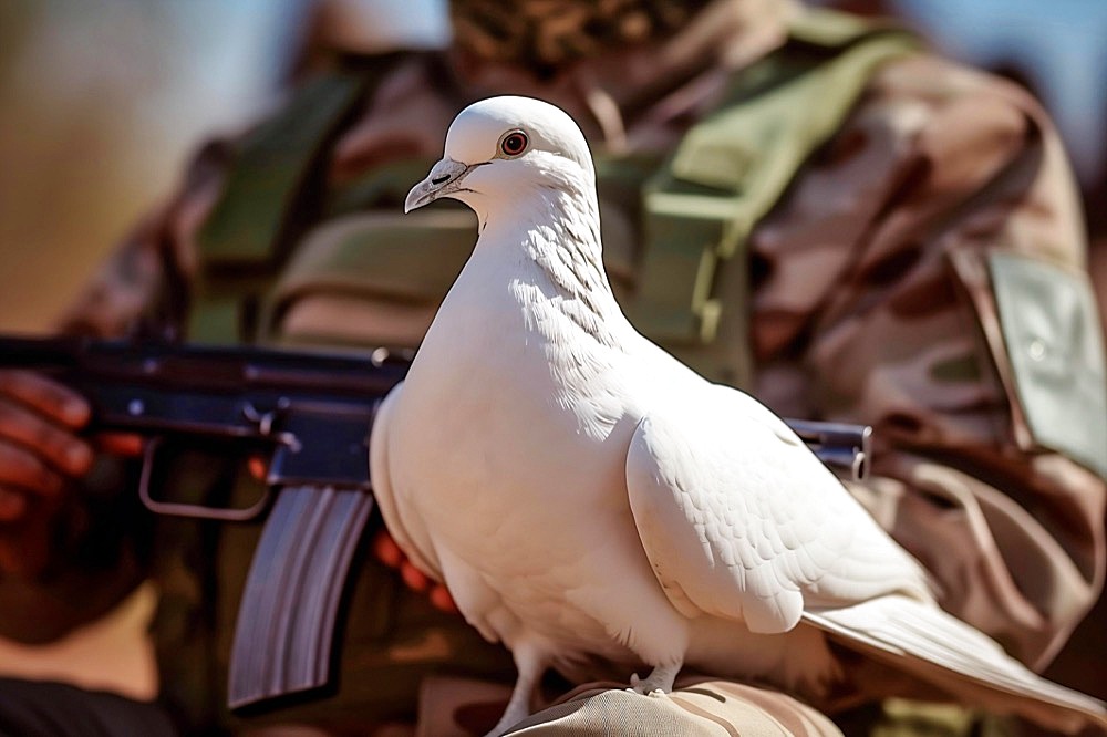 White peace dove sitting on leg of soldier. Generative AI illustration