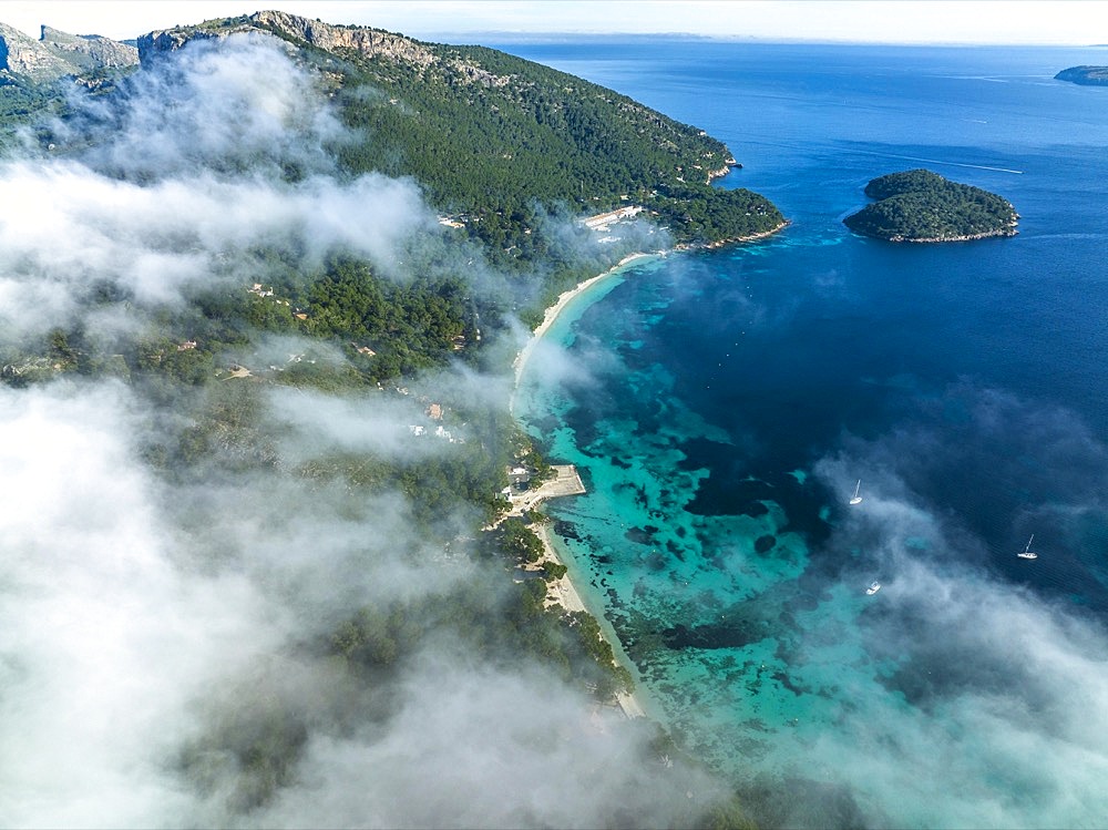 Aerial view, Spain, Balearic Islands, Port de Pollenca, Formentor Peninsula with Formentor Beach, Hotel Royal Hideaway Formentor formerly Hotel Formentor, Cala Pi de la Posada, Illa del Geret, Europe