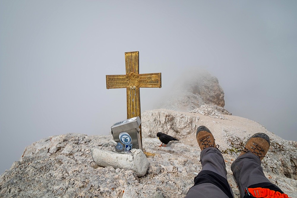 View obscured by clouds from the top of Cima di Mezzo (3154 m) . The tourist is resting with the accompanying bird., Dolomites, Italy, Europe