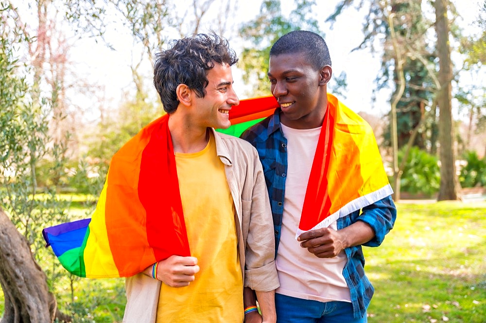 Multiethnic gay male couple holding a rainbow lgbt symbol flag, having fun