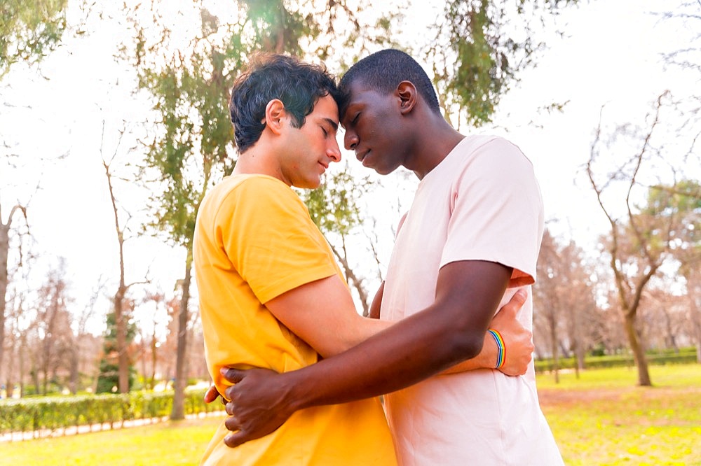 Lgbt concept, couple of multiethnic men in a park in a romantic pose