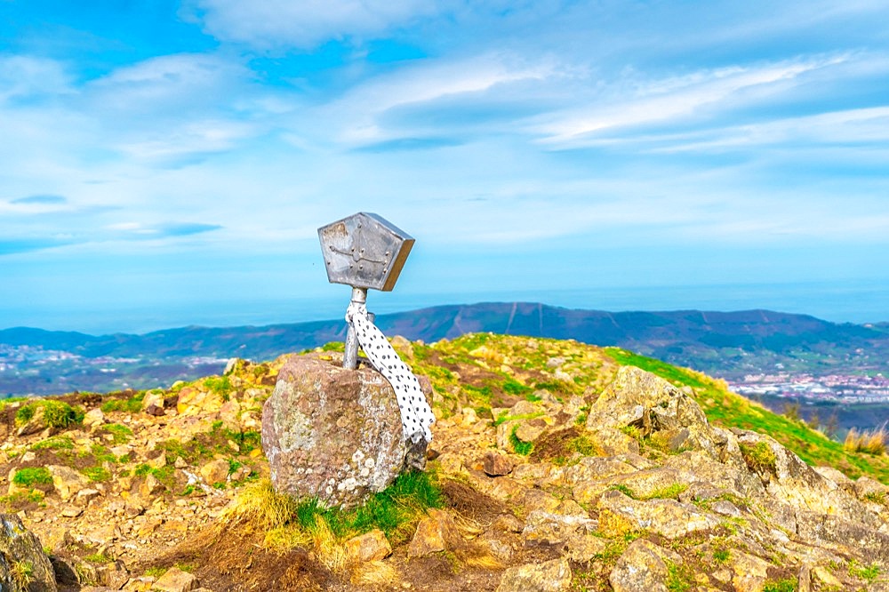 Mountain of Aiako Harria or Penas de Aya in the municipality of Oiatzun, Basque Country. sculpture on top