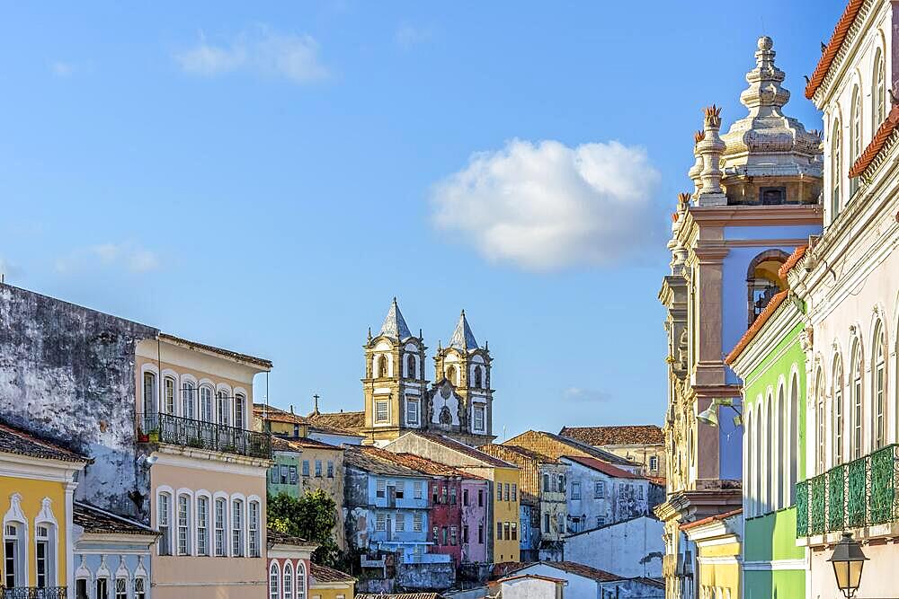 Colorful houses and churches in Pelourinho in the historic center of Salvador, Bahia, Brasil