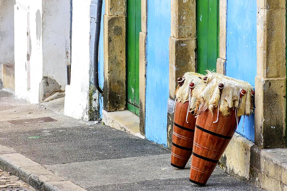 Ethnic drums also called atabaques on the streets of Pelourinho, the historic center of the city of Salvador in Bahia, Brasil