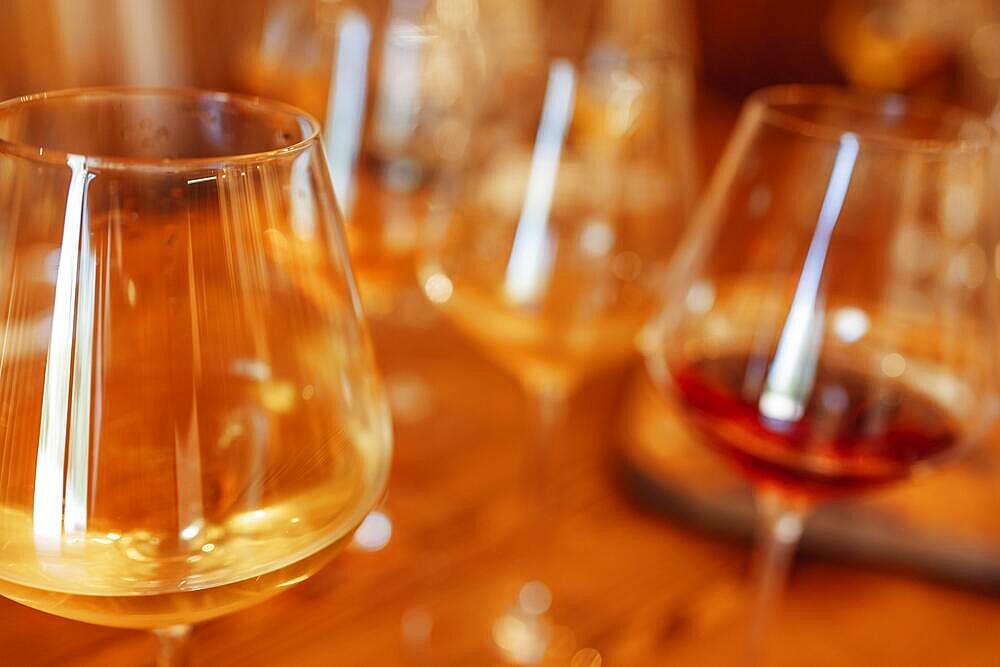 Glass goblets placed in rows on table during wine tasting procedure in restaurant. Close up. Degustation