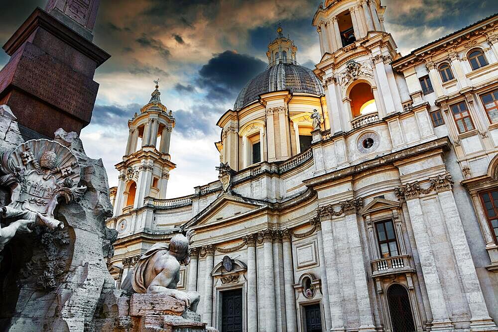 Church of Sant' Agnese in Agone at dusk, Piazza Navona, Rome, Lazio, Italy, Europe